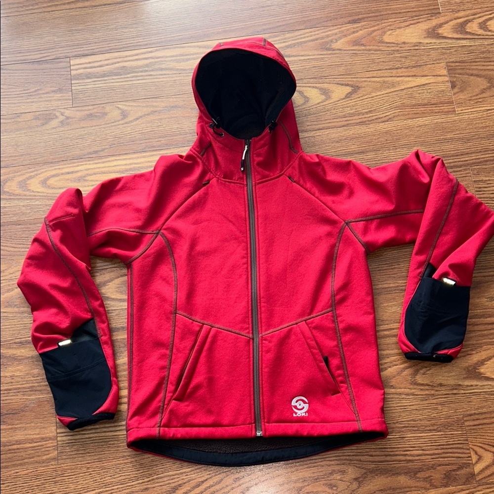 Loki Womens S All In One Red‎ Softshell Jacket Brown Fleece Lined Mitten Sleeves